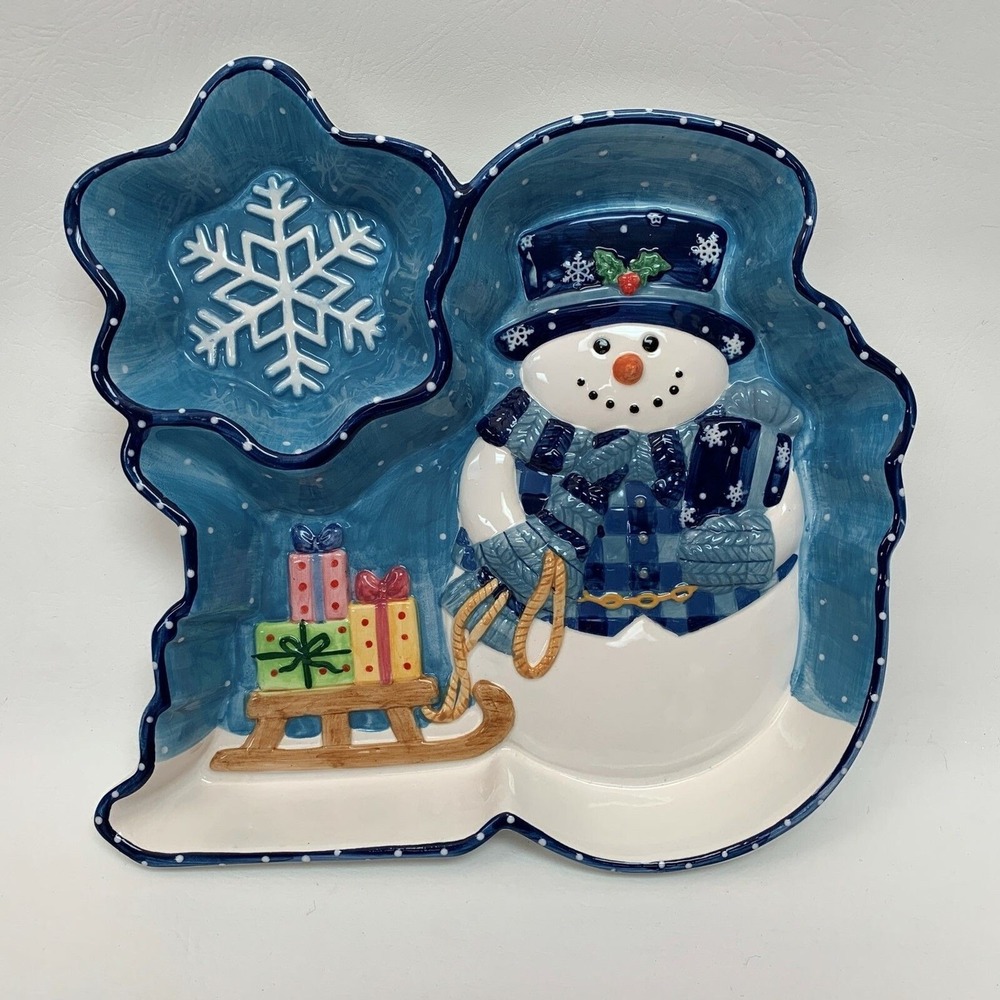 Mercuries Chip & Dip Tray Platter‎ Snowman Christmas Snowflake 14.5 x 13.5"